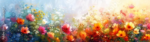 Watercolor style wallpaper a rainbow of flowers adorns the landscape  painting the scene with splashes of vibrant color.