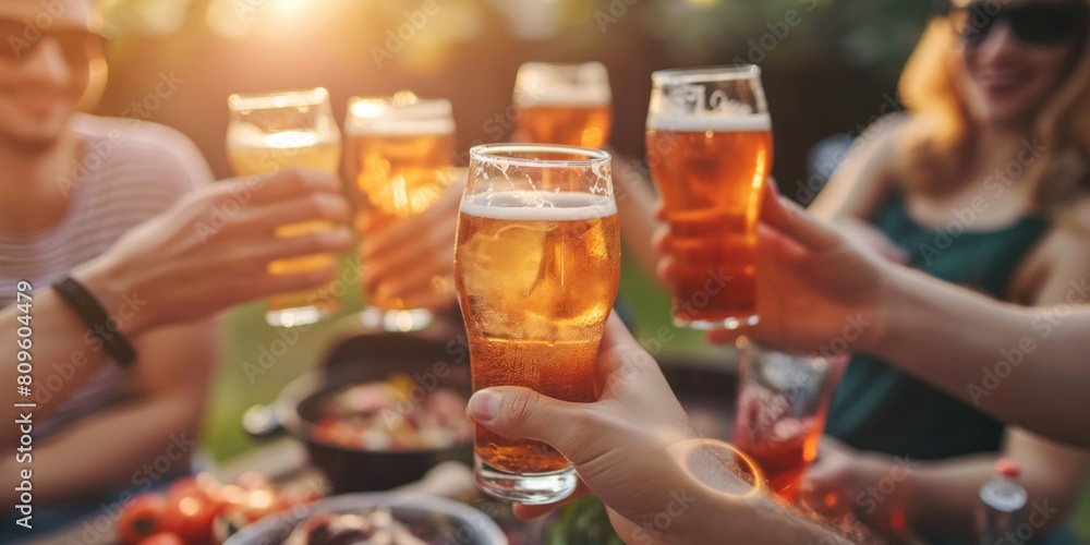 Group of friends cheerfully clinking glasses of beer together, celebrating good times at an outdoor barbecue gathering Group of friends cheerfully clinking glasses of beer together, celebrating good times at an outdoor barbecue gathering