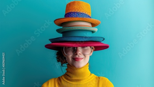 A customer attempts to balance a variety of hats on their head, each one representing a different role they play in their daily life, from parent to professional to party animal.