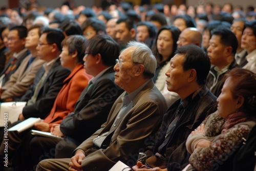 large asian audience at a meeting listens to a speaker