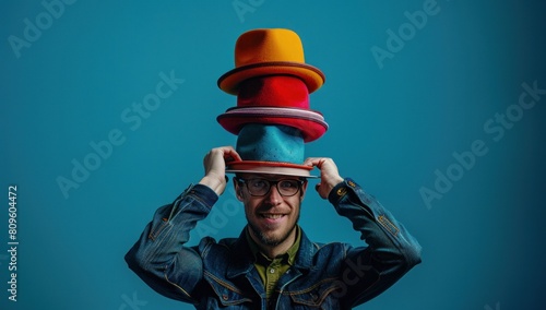 A customer attempts to balance a variety of hats on their head, each one representing a different role they play in their daily life, from parent to professional to party animal.