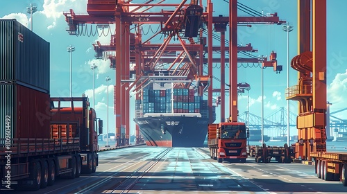 Busy cargo port with cranes and trucks under blue sky. Industrial shipping dock, logistic hub activity. Transportation gateway scene. AI © Irina Ukrainets