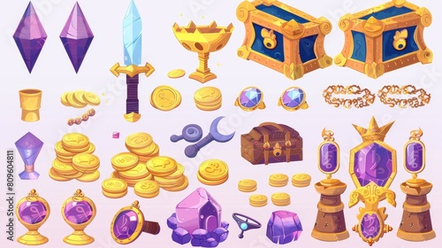 Gold coins heaps with swords, gems, and crowns. Piles of money, ancient jewelry, golden goblets and gemstones. Modern cartoon illustration.