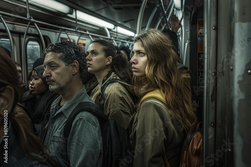 A woman with long hair is standing in a crowded subway car