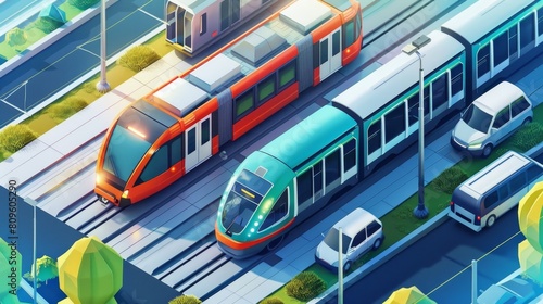 Trams and trains with locomotives and wagons in isometric perspective. Modern poster of passenger transportation with flat illustration of commuter and railway cities. photo