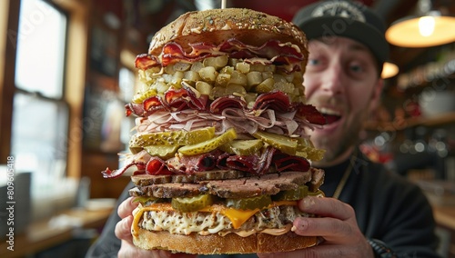 A customer struggles to carry an absurdly large sandwich towering above their head, their eyes widening in surprise as pickles escape from the sides. photo