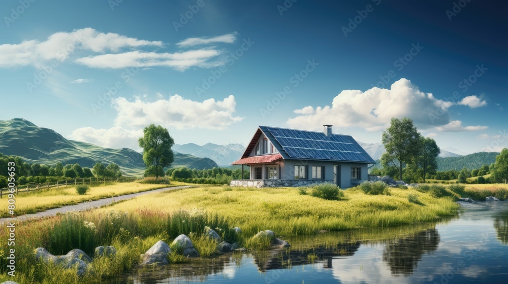 A picturesque eco-friendly home with solar panels, nestled in a lush mountain valley beside a tranquil lake, promoting sustainable living.
A picturesque eco-friendly home with solar panels, nestled in a lush mountain valley beside a tranquil lake, promoting sustainable living.