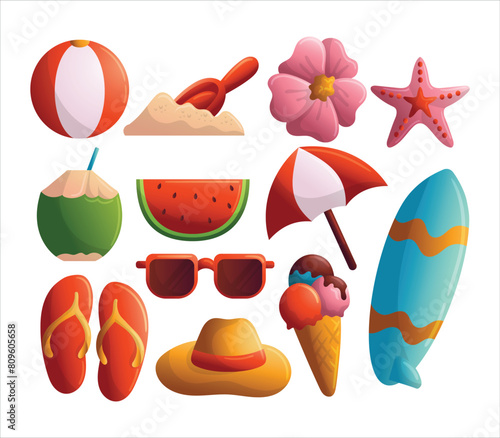 Summer Beach Holiday Elements Set Flat Style