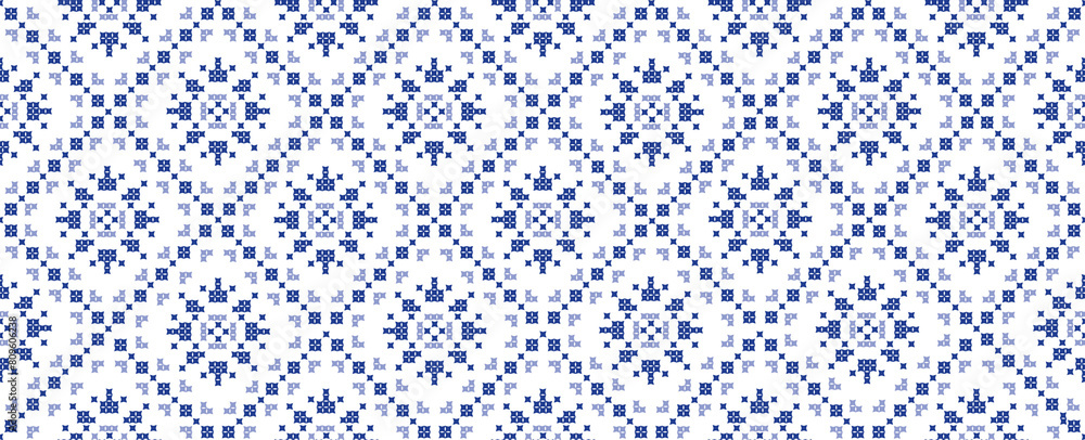 Flat illustration. Trendy seamless abstract pattern of blue and blue crosses on a white background. Ukrainian theme. Perfect for screensaver, poster, card, invitation or home decor..