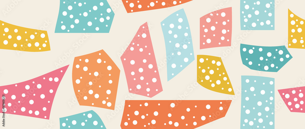 Flat illustration. Trendy abstract seamless pattern of various colored shapes with white polka dots on a beige background. Perfect for screensaver, poster, card, invitation or home decor.. Flat illustration. Trendy abstract seamless pattern of various colored shapes with white polka dots on a beige background. Perfect for screensaver, poster, card, invitation or home decor..
