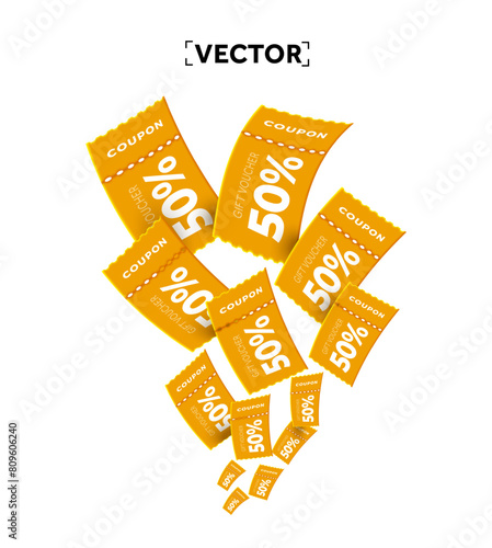 Voucher card sale off background with coupon code promotion. 3d minimal yellow coupon flying up, isolated on white background. Gift voucher. 3d vector coupon, voucher and exchange. Vector illustration