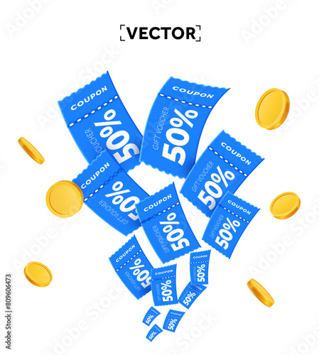 Voucher card sale off background with coupon code promotion. 3d minimal coupon flying up with golden coin, isolated on white background. Gift voucher. 3d vector coupon, voucher and exchange. Vector