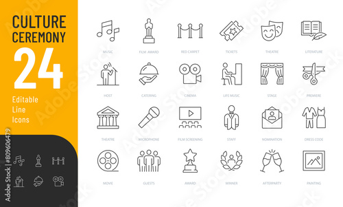 Culture Ceremony Editable Icons set. Vector illustration in modern thin line style of events related icons: art categories, nomination, red carpet, awards, and more. 