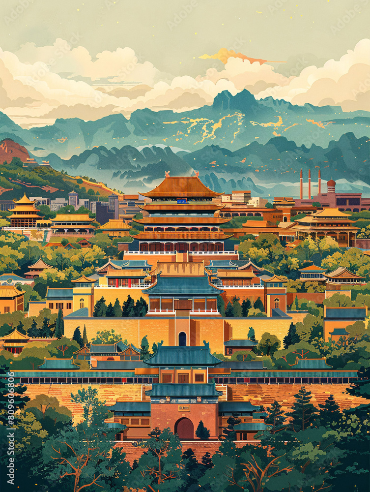 Chinese style retro ancient building architectural illustration, Chinese style architectural illustration background Chinese style retro ancient building architectural illustration, Chinese style architectural illustration background
