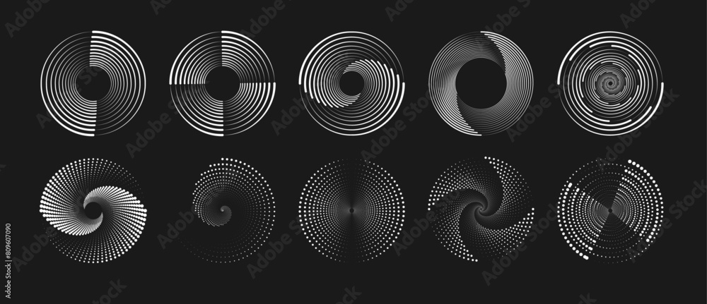 Abstract round halftone frames, rotating dotted circles on black background. Dot circle pattern. Orange round halftone dot patterns. Spiral halftones frame. Set of swirl abstract ripple elements. PNG