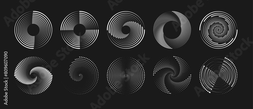 Abstract round halftone frames, rotating dotted circles on black background. Dot circle pattern. Orange round halftone dot patterns. Spiral halftones frame. Set of swirl abstract ripple elements. PNG