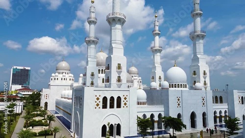 Aerial view of Masjid Raya Syeikh Zayed in Solo, Central Java, Indonesia. This mosque is a miniature mosque of Syeikh Zayed Grand Mosque in Abu Dhabi