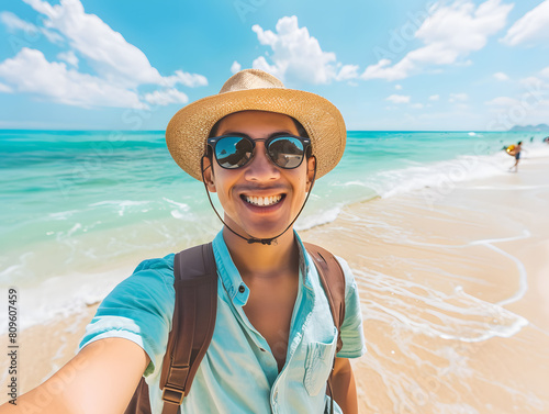 Young man with backpack smiling at camera on the beach and enjoying the freedom of taking a selfie on a sunny day. Wellbeing, healthy lifestyle and happy people concept
