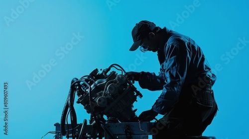 Technician working on a motorcycle engine