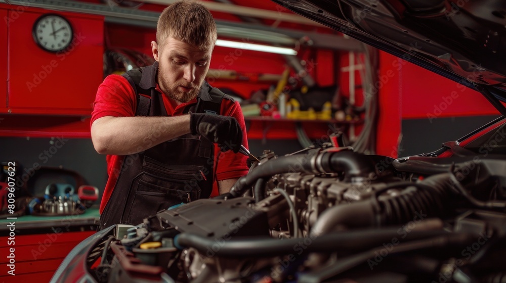 Skilled mechanic working on car in workshop Skilled mechanic working on car in workshop