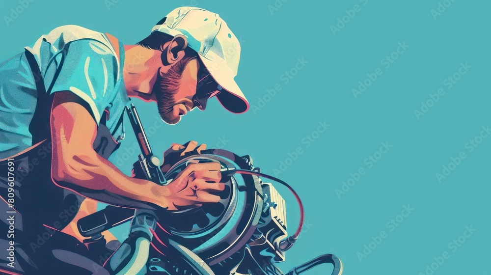 Naklejka premium Mechanic closely examining engine details