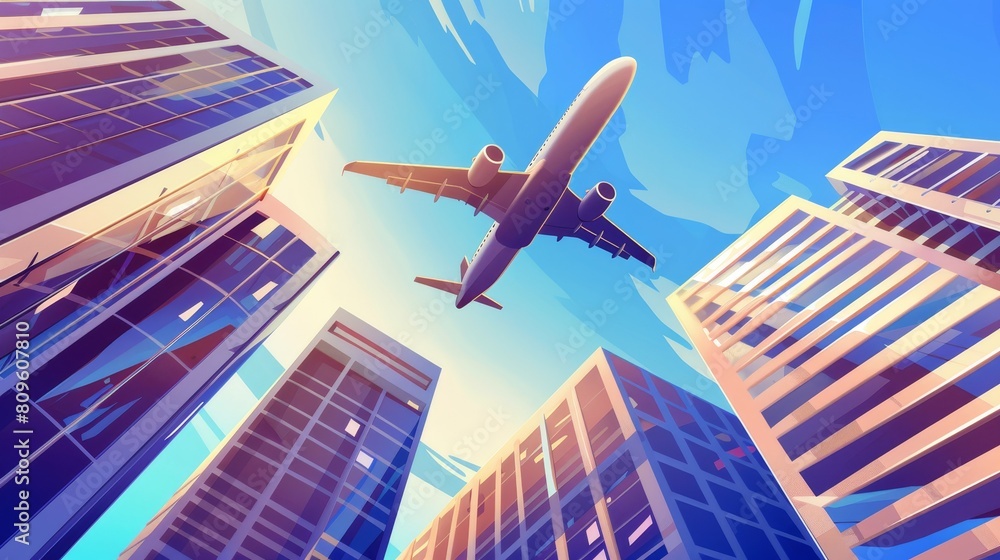 Low angle view of plane flying into skyscrapers reflecting in city towers' glass windows. Plane above high buildings upwards, highrise urban architecture, Cartoon modern illustration. Low angle view of plane flying into skyscrapers reflecting in city towers' glass windows. Plane above high buildings upwards, highrise urban architecture, Cartoon modern illustration.