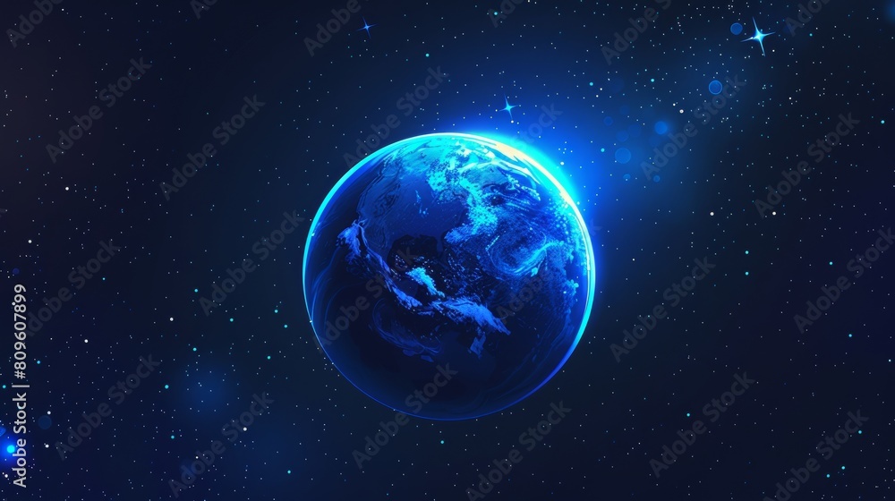 Banner with outer space and Earth globe with glow of atmosphere on edge, modern realistic illustration depicting planet with blue light on horizon from rising sun against black cosmos.