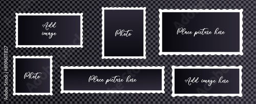 Collection of photo templates frames card with wavy edges on dark transparent background. Set templates for adding picture. Photo frames with different size.