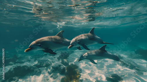 Group of Dolphins in Colorful Underwater Scene Generative AI .Generative AI