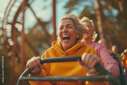 Senior woman enjoying roller Coaster ride