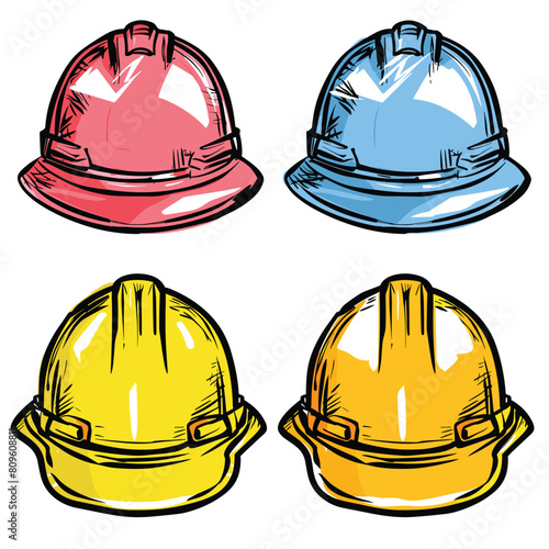 Four colorful hard hats sketched vibrant tones, symbolizing safety gear construction workers, hard hat different color representing diversity choice protective wear. Handdrawn style safety helmets