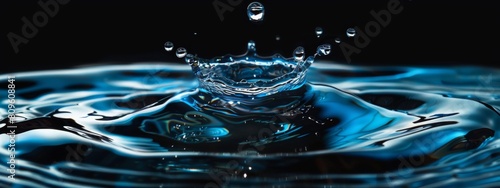 Water drop, liquid metal, blue and silver colors, hyper realistic, high resolution photography, high contrast, black background, wide angle.