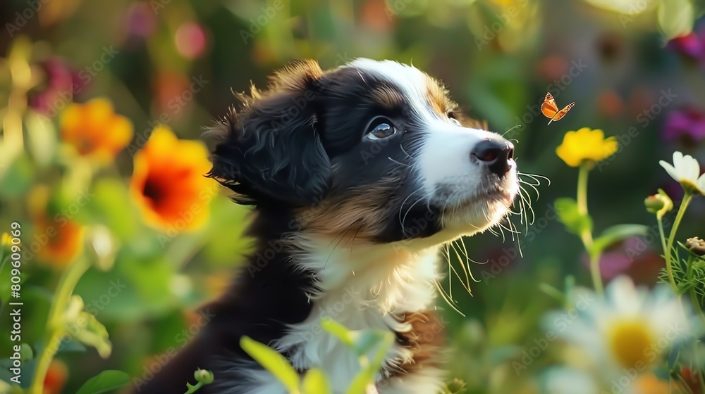 Adorable video compilation of fluffy puppies frolicking in a sunlit garden, exploring flowers and chasing butterflies, with joyful, playful music