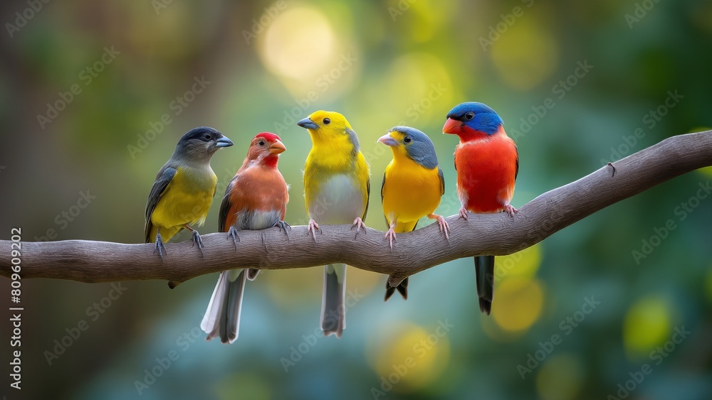 Süße bunte farbenprächtige kleine Vögel auf einem Ast im Querformat für Poster und Banner Süße bunte farbenprächtige kleine Vögel auf einem Ast im Querformat für Poster und Banner