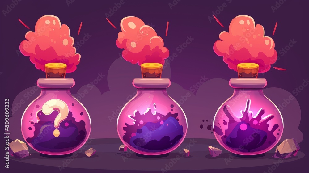 Isolated modern cartoon illustration of magic purple elixir in a flask with explosions, gas effects, and a question mark.