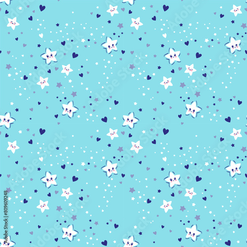 Vector hand drawn seamless pattern. Cute background with smiling stars. Night sky, baby print in light blue colors for nursery design and fabric