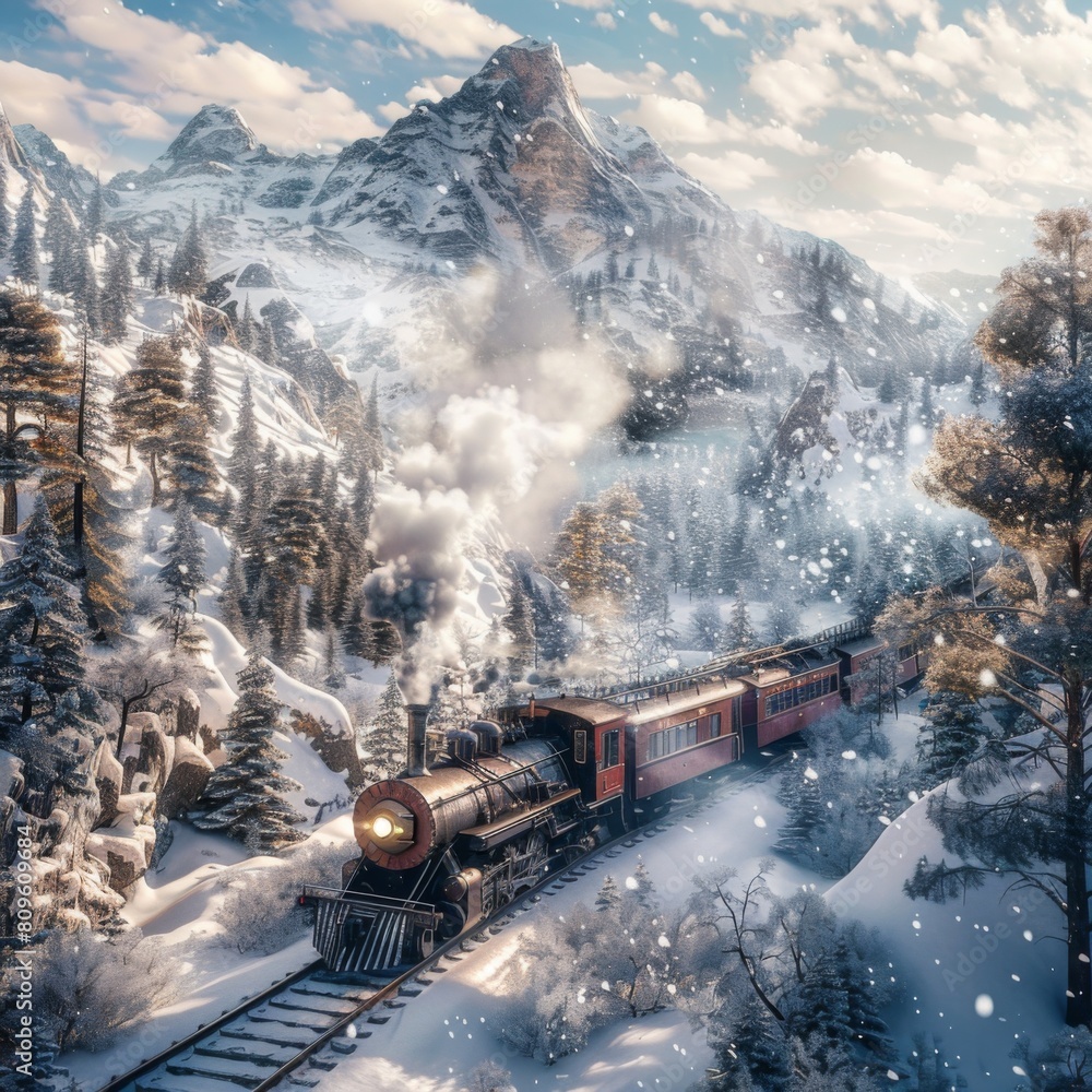 Wide-angle shot of a steam train winding its way through a snowy mountain pass with snowflakes caught in the air and soft winter light filtering through.