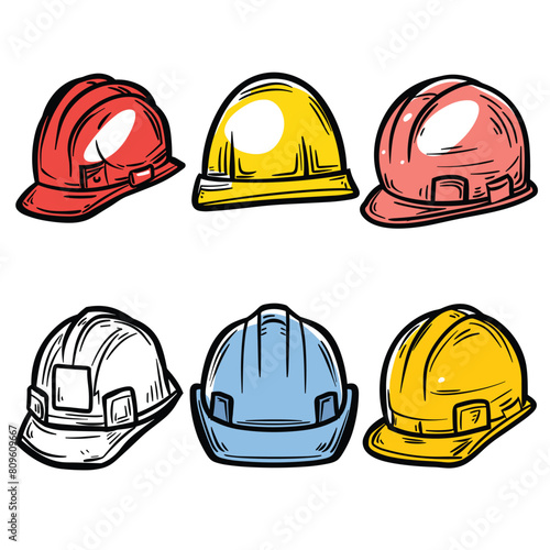 Collection colorful hard hats, safety helmets used construction, engineering. Handdrawn cartoon style helmets, red, yellow, blue, workwear head protection gear. Safety equipment laborers