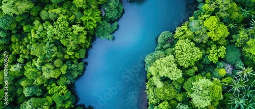 Aerial view of a winding river through a lush green forest