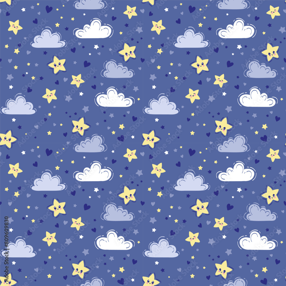 Vector hand drawn seamless pattern. Cute background with yellow smiling stars. Night sky, baby print in blue colors for nursery design and fabric Vector hand drawn seamless pattern. Cute background with yellow smiling stars. Night sky, baby print in blue colors for nursery design and fabric