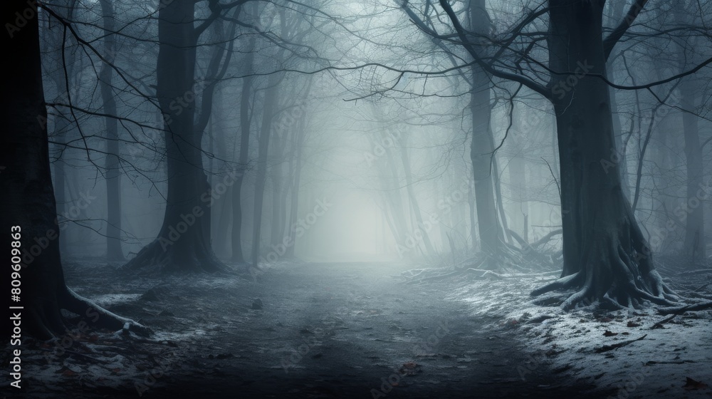 Fototapeta premium Mysterious Forest Path Leading Through Misty Woodlands At Dawn. Generative AI