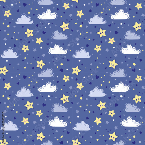 Vector hand drawn seamless pattern. Cute background with yellow smiling stars. Night sky, baby print in blue colors for nursery design and fabric