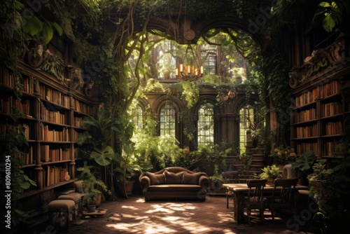 Majestic Library Room Overgrown With Verdant Plants And Vines. Generative AI