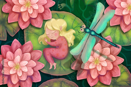 Foto Illustration with Slepping Thumbelina on a water lily leaf
