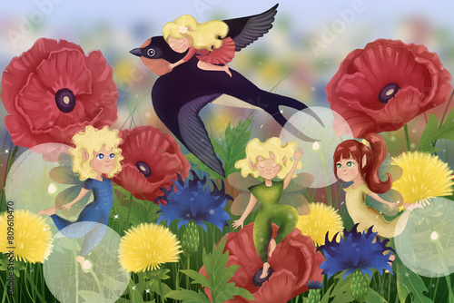 Thumbelina flying on a swallow over a meadow, wild flowers and elves- illustration for children photo