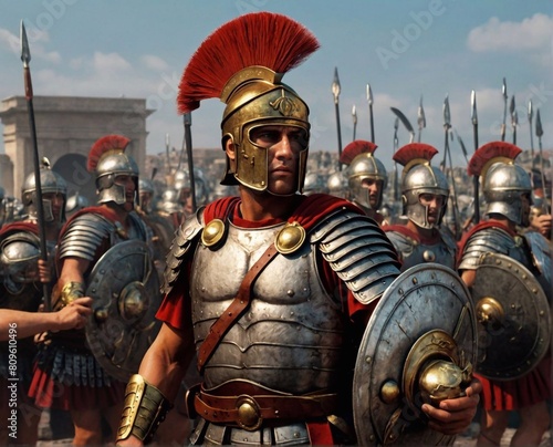 A Roman legionary soldier in shining armor and helmet. An ancient military fighter with a weapon, a representative of the ancient Roman Empire.