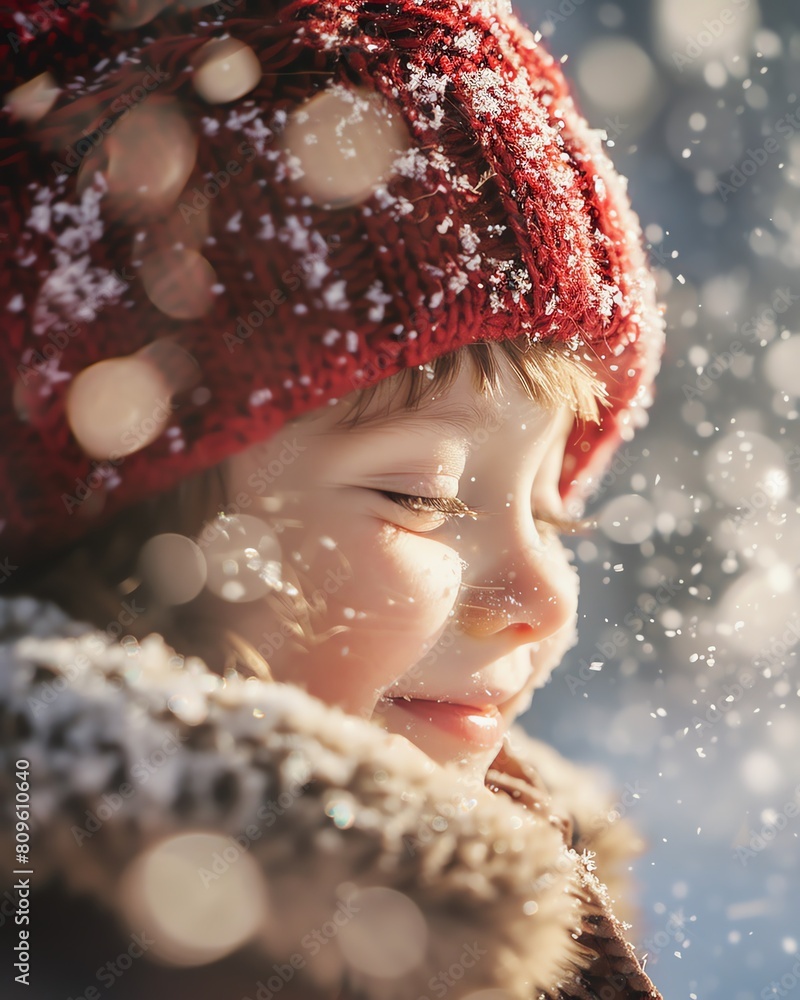 Closeup of a childs joyful expression as they touch snow for the first time, sparkling snowflakes around, softfocus on the glowing face filled with wonder Closeup of a childs joyful expression as they touch snow for the first time, sparkling snowflakes around, softfocus on the glowing face filled with wonder