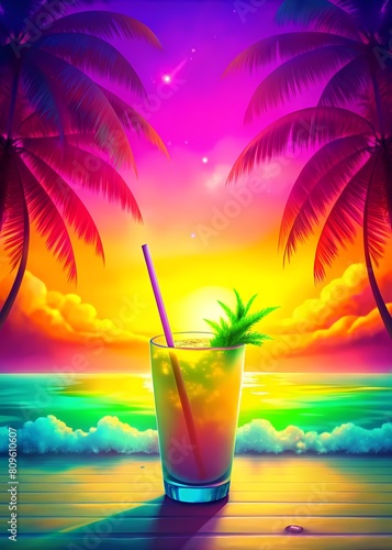 cocktail tropical island coconut palm trees abstract bokeh background colorful sky beautiful ocean vibrant nature