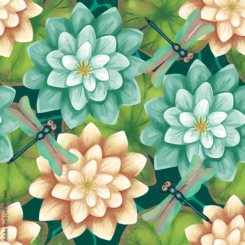 Minty and creamy water lilies with dragonflies - seamless pattern photo