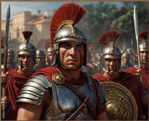 A Roman legionary soldier in shining armor and helmet. An ancient military fighter with a weapon, a representative of the ancient Roman Empire.